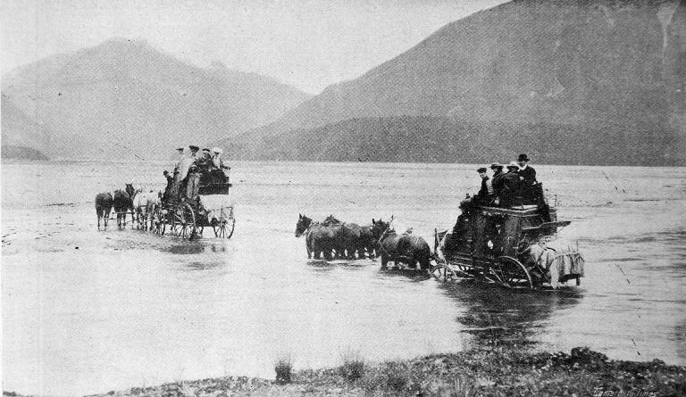 Coaches crossing the ford, Waimakariri River.