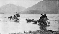 Coaches crossing the ford, Waimakariri River.