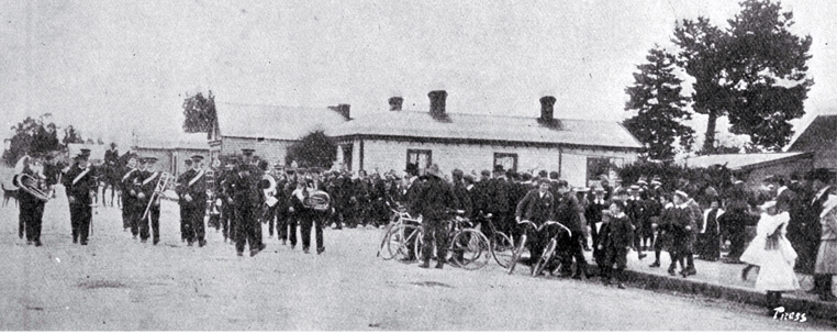 The anti-consumption crusade : Dr Greenwood and Mr Hornbrook at Rangiora : the Rangiora Brass Band shown leading the procession to Victoria Park.