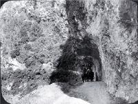 A coach travels under Hawk's Crag in the Buller Gorge, West Coast 
