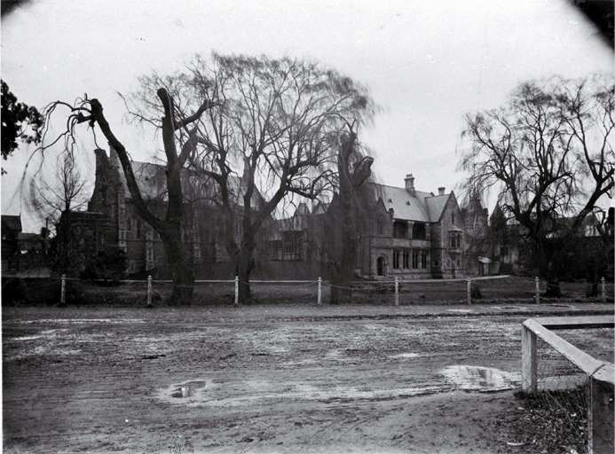 The stone chamber & Bellamy's of the old Provincial Government Buildings, across the Avon River from Oxford Terrace, Christchurch 