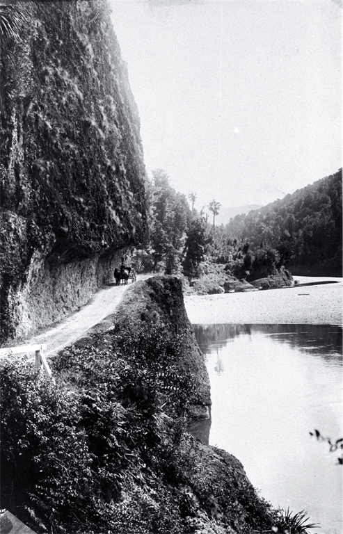 Horse & buggy under Hawks Crag on the Buller Gorge Road, West Coast 