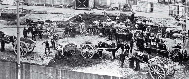 Excavating the site of the Tramway Offices for the new Government Buildings, Christchurch, using horses and carts 