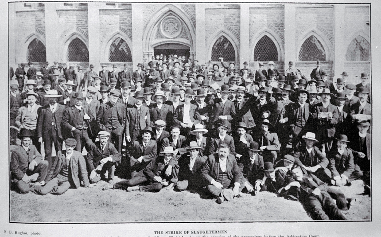 Striking slaughtermen outside the Supreme Court, Christchurch 