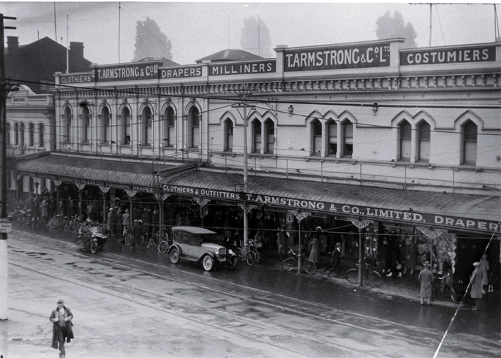 Premises of T.J. Armstrong & Co., drapers, corner of Colombo and Armagh Streets, Christchurch Premises of T.J. Armstrong & Co., drapers, corner of Colombo and Armagh Streets, Christchurch