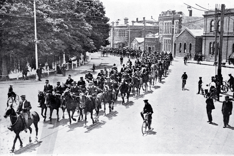 Mounted special constables passing along Oxford Terrace, Christchurch 