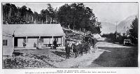 Travel in pre-railway days : Cobb and Co's coach on the road between Canterbury and Westland, at the old Glacier Hotel, Bealey, where horses were changed.