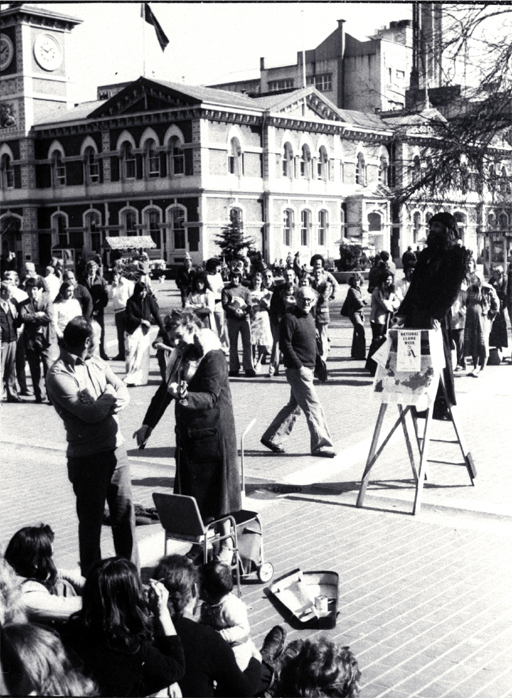 The Christchurch Wizard and the Bible Lady, Renee Stanton, in Cathedral Square 