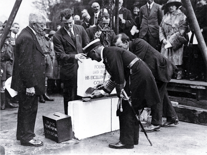 Govenor-General Viscount Jellicoe levelling the foundation stone of the Bridge of Remembrance 