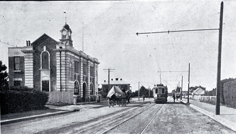 The first tram near the terminus on the new line from Papanui to Northcote, along the Main North Road, which opened 28 Feb. 1913 