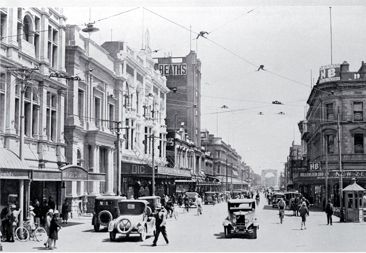 Cashel Street Christchurch, looking west toward the Bridge of Remembrance 