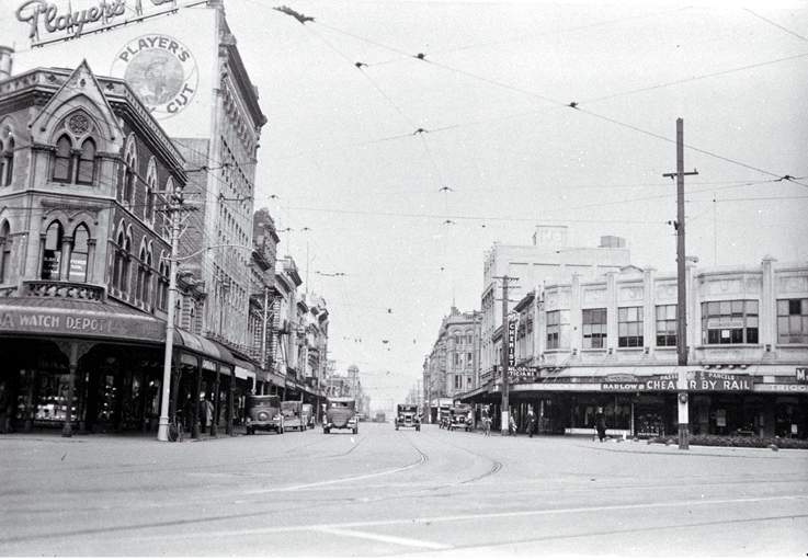 The intersection of Hereford and High Streets, looking down High Street towards Madras Street 