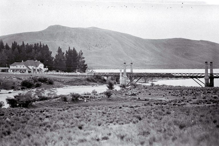 Tekapo suspension bridge, which was opened 7 Sept. 1880, before Lake Tekapo was developed as a power source. 