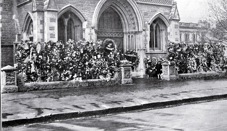 About 200 wreaths lay outside the front porch of the Christchurch Cathedral 