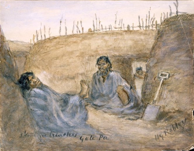 Robley, Horatio Gordon, 1840-1930. Robley, Horatio Gordon, 1840-1930 :Sketch in trenches, Gate Pa. 30 April 1864.. Ref: A-033-036. Alexander Turnbull Library, Wellington, New Zealand. http://natlib.govt.nz/records/22302109