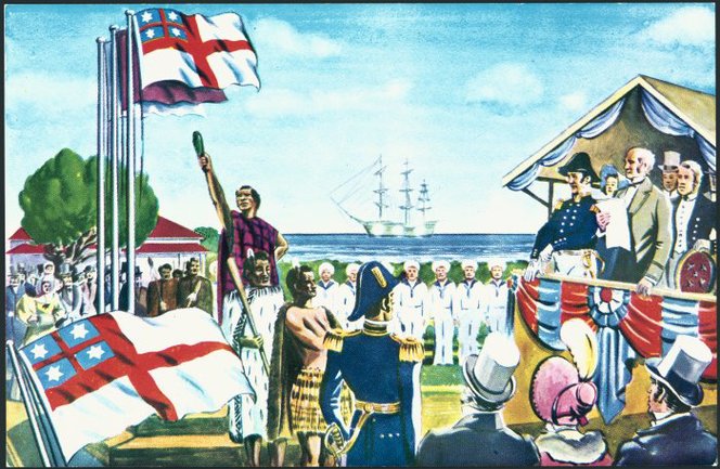 Shaw Savill Line postcard depicting the United Tribes Ensign. Falkner, Nancy Gaynor, 1930- : New Zealand flags and coats of arms. Ref: 82-419-01. Alexander Turnbull Library, Wellington, New Zealand. 