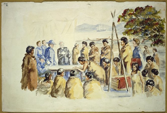 New Zealand. Department of Maori Affairs. Artist unknown :[Reconstruction of the signing of the Treaty of Waitangi. ca 1940]. Ref: A-114-038. Alexander Turnbull Library, Wellington, New Zealand. http://natlib.govt.nz/records/22701985