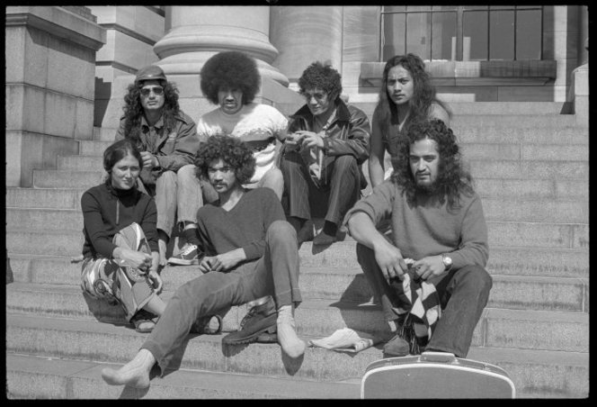 Group of young Maori on steps of Parliament. Further negatives of the Evening Post newspaper. Ref: EP/1972/5388/11a-F. Alexander Turnbull Library, Wellington, New Zealand. http://natlib.govt.nz/records/23069211