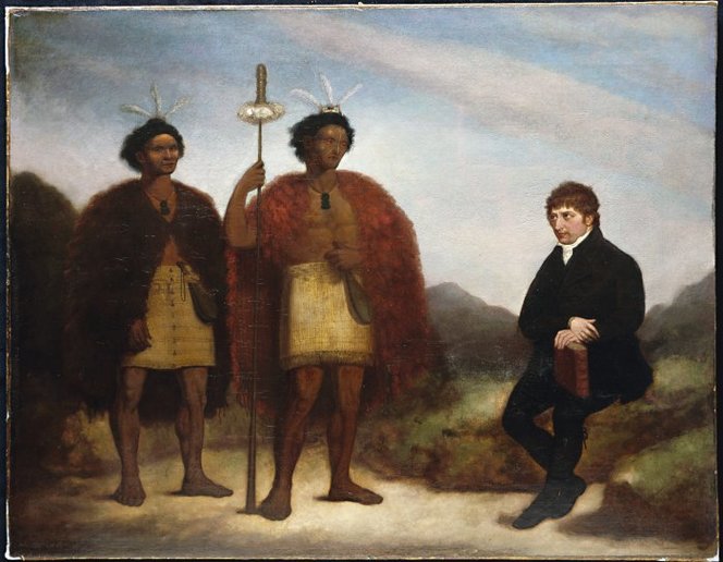 Barry, James, fl 1818-1846. Barry, James :[The Rev Thomas Kendall and the Maori chiefs Hongi and Waikato] 1820. Ref: G-618. Alexander Turnbull Library, Wellington, New Zealand. http://natlib.govt.nz/records/23241174