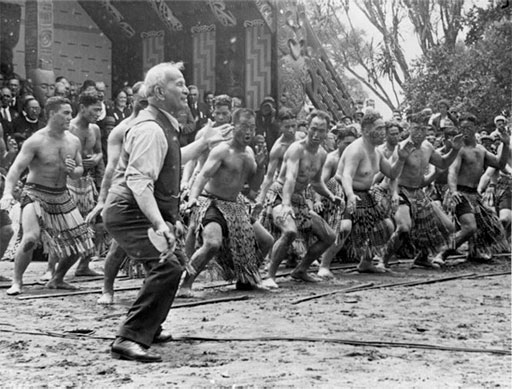  Apirana Ngata taking the lead in a haka on Waitangi Day at the centennial celebrations at Waitangi