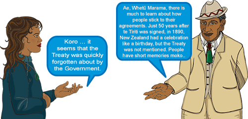 Whetu: 'Koro … it seems that the Treaty was quickly forgotten about by the Government.' Koro: 'Ae, Whetū Marama, there is much to learn about how people stick to their agreements. Just 50 years after te Tiriti was signed — in 1890, — New Zealand had a celebration. It was like a birthday celebration, but the Treaty was not mentioned. People have short memories moko.'