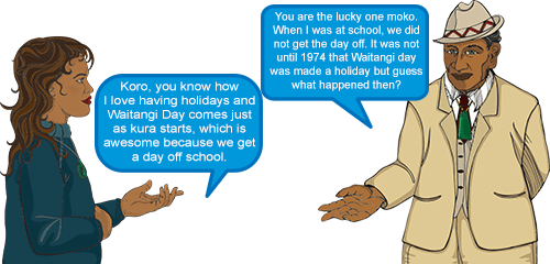 Whetu: 'Koro, you know how I love having holidays and Waitangi Day comes just as kura starts, which is awesome because we get a day off school.' Koro: 'You are the lucky one moko. When I was at school, we did not get the day off. It was not until 1974 that Waitangi day was made a holiday but guess what happened then?'