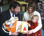 David Blunkett, UK Minister of Education presents the 500,000th Bookstart pack