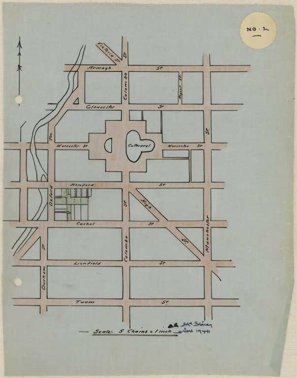 Image of No. 2. Plan of city streets to scale. Hereford and Cashel Streets and Oxford Terrace property 1946