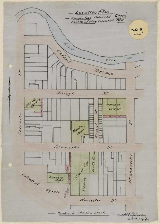 Image of No. 9. Location plan to scale showing locations Gloucester and Worcester Streets and Cathedral Square, coloured green 1946