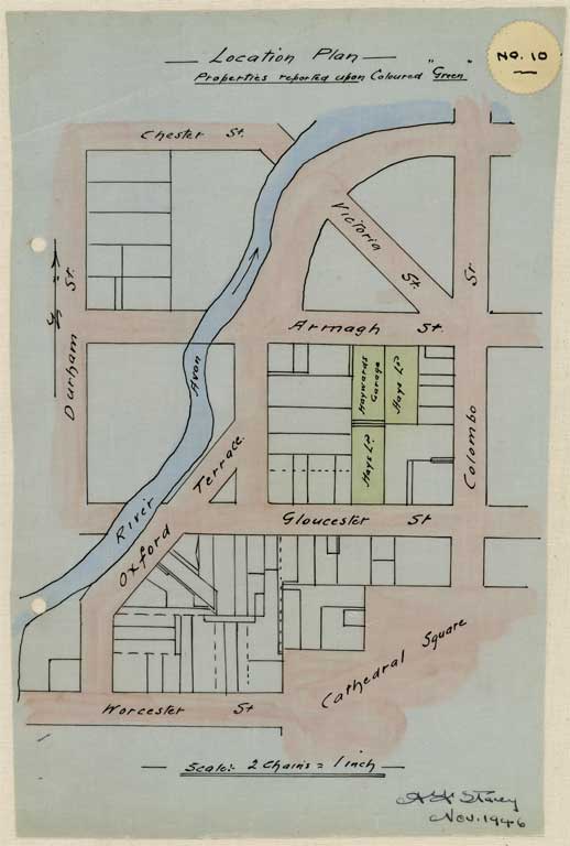 Image of No. 10. Location plan to scale showing locations Armagh St. and Gloucester Street, coloured green 1946