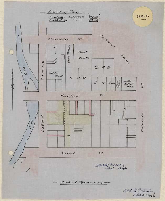 Image of No. 11. Location plan to scale showing location Hereford St, Cashel Street and Oxford Terrace, coloured green, and part Cathedral Square 1946