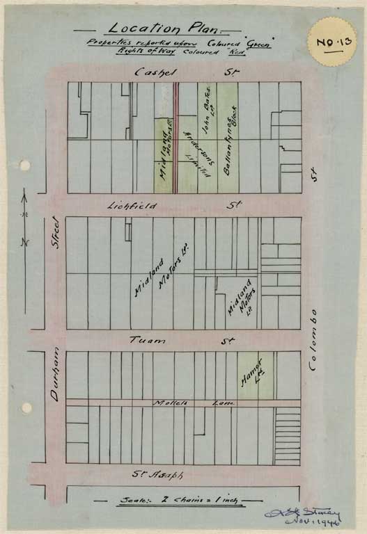 Image of No. 13. Location plan to scale showing locations Lichfield Street and Tuam Street coloured green. 1946