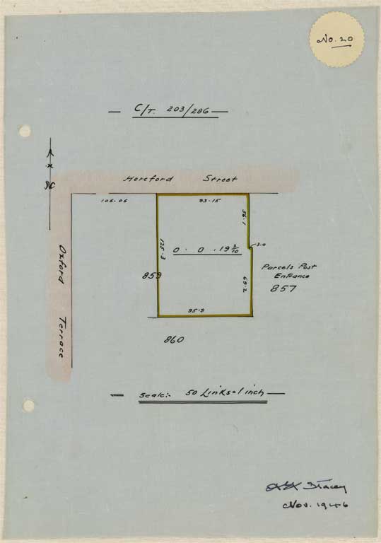 Image of No. 20. Title diagram of Hereford Street property known as Ward's buildings. 1946