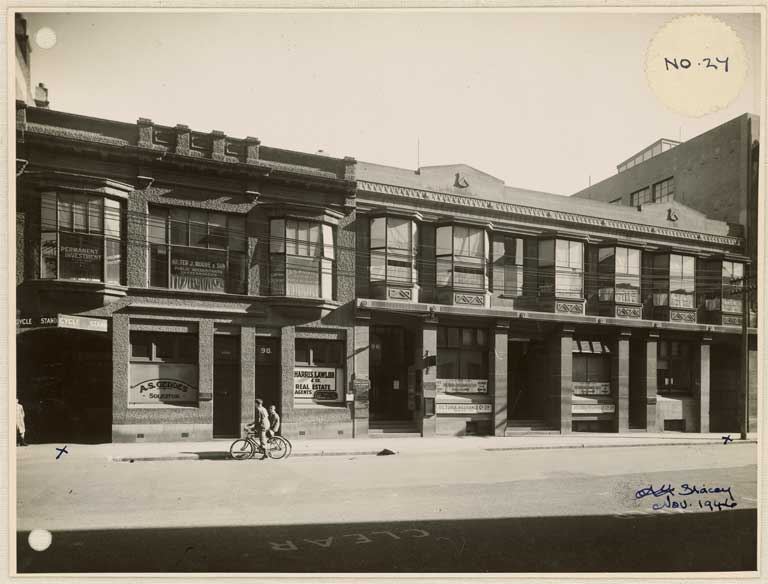 Image of No. 27. Photograph showing marked with a X, the two rights-of-way entrances through the property owned by the N.Z. Insurance Company, Hereford Street. 1946