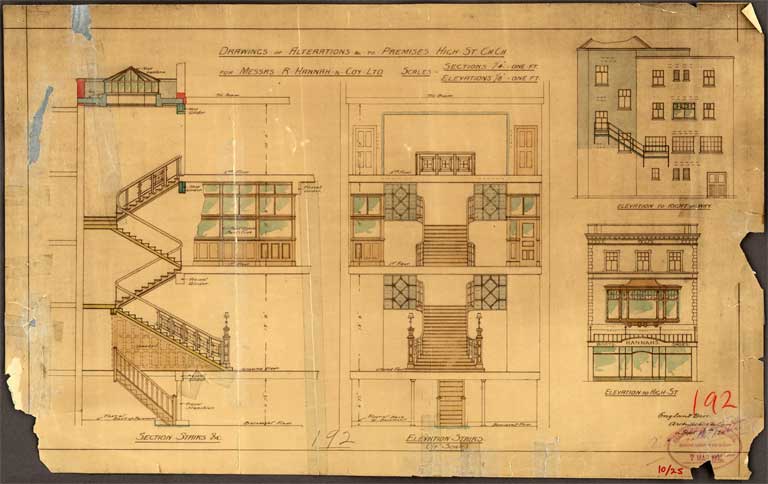 Drawings of alterations to premises High St ChCh for Messrs R. Hannah & Coy Ltd. Section Stairs, Elevation Stairs & Elevation to High Street 17 September 1928 Image 2 of 2