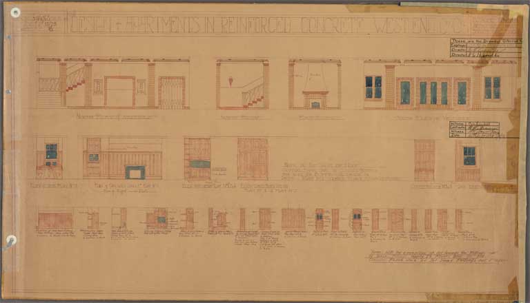 St Elmo Courts Design & Apartments in Reinforced Concrete West End Christchurch. Longitudinal Section. CD and Cross Section AB 25 September 1929 Image 24 of 28