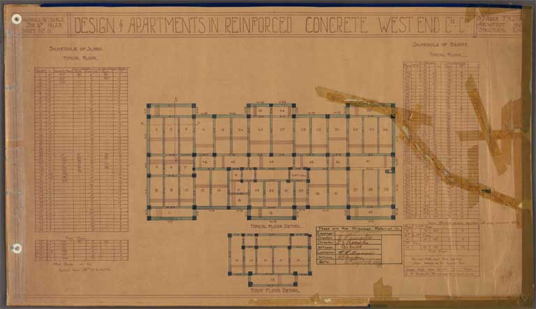 St Elmo Courts Design & Apartments in Reinforced Concrete West End Christchurch. Detail of Half Front showing Sixth and Seventh Floor and Roof House 25 September 1929 Image 27 of 28