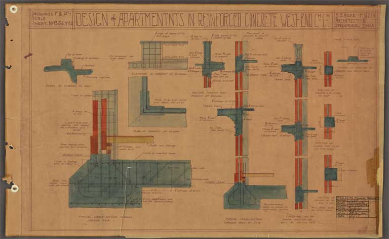 St Elmo Courts Design & Apartments in Reinforced Concrete West End Christchurch. Half Roof Plan shewing fall to down-pipes & Typical Junction of W Beams and Colums 25 September 1929 Image 19 of 28