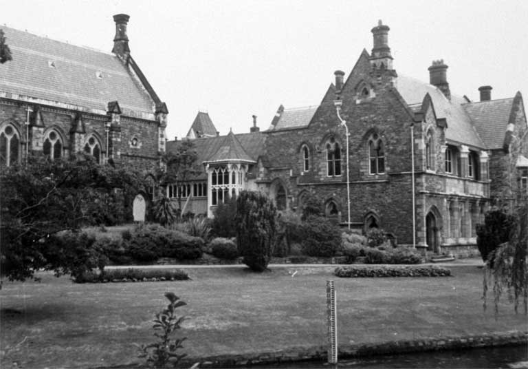 Canterbury Provincial Buildings, Christchurch, from the river bank, showing the Stone Chamber and Bellamy's