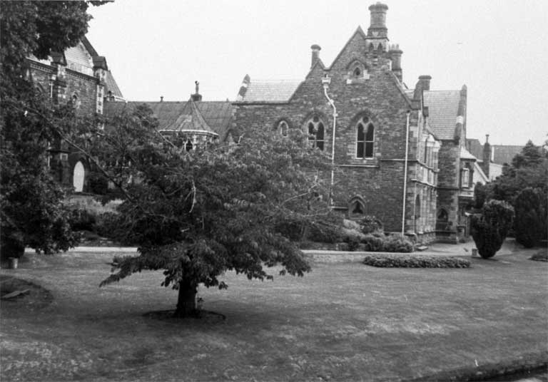 Canterbury Provincial Buildings, Christchurch, from the river bank, showing Bellamy's