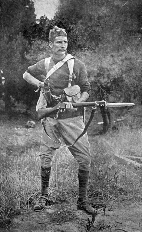 A Canterbury trooper, 3rd New Zealand Mounted Rifles (Rough Riders), preparing to depart for the Boer War (1899-1902)