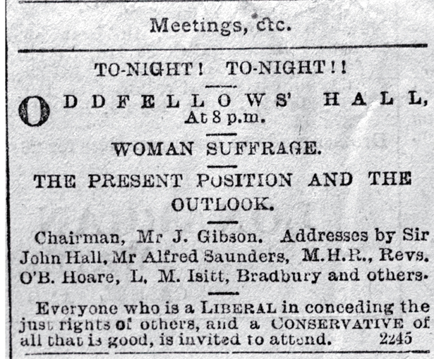 Public notice for a meeting on the present and outlook of woman's suffrage to be held at the Oddfellows Hall, Lichfield Street, Chch. 