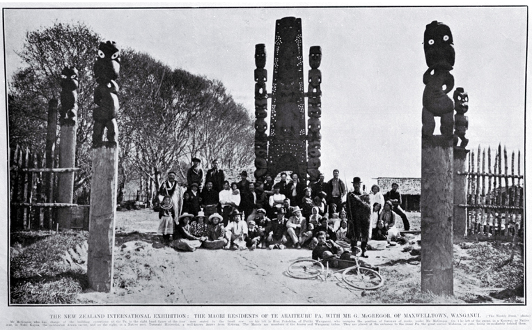 New Zealand International Exhibition 1906-1907 : the Maori residents of Te Araiteuru Pa, with Mr G McGregor of Maxwelltown, Wanganui 