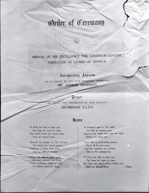 Page one of the order of ceremony for the laying of the foundation stone, Bridge of Remembrance 