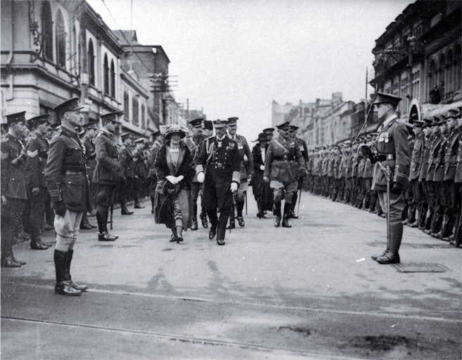 Lord and Lady Jellicoe passing the Guard of Honour, foundation stone ceremony, Bridge of Remembrance 