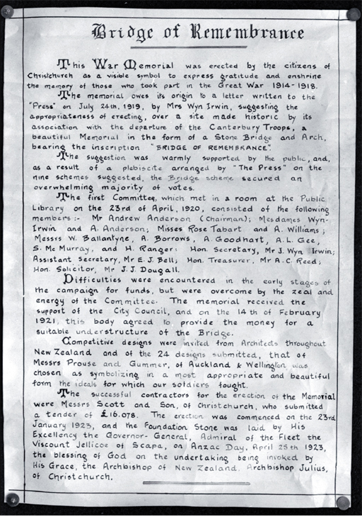 Extracts from the address by Wyn Irwin, secretary of the Bridge of Remembrance Committee, foundation stone ceremony 