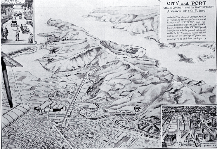 Map of a scheme suggested by the Port and City Committee showing a new road tunnel to Lyttelton