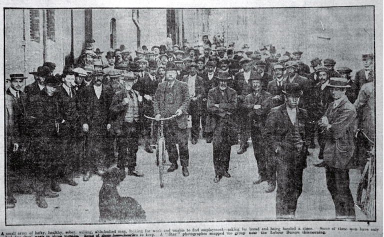 Unemployed men gather outside the Labour Bureau, Christchurch