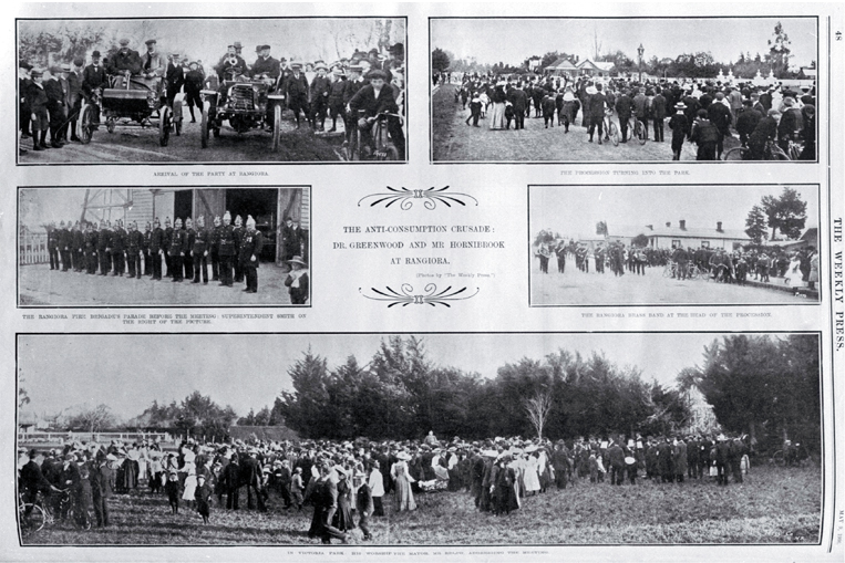 The anti-consumption crusade : Dr Greenwood and Mr Hornibrook are shown arriving at Victoria Park in Rangiora.