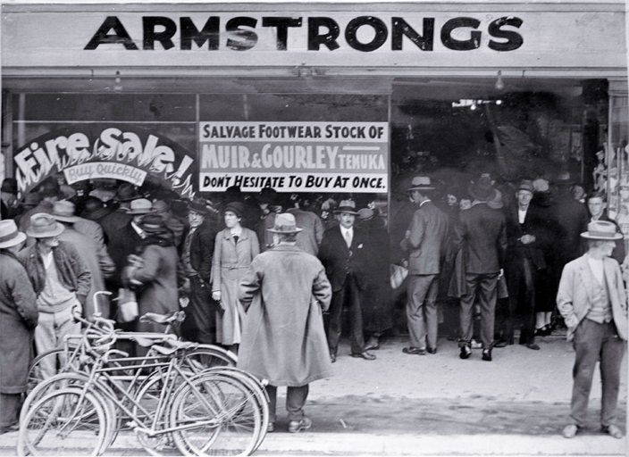 Fire sale, salvage stock of Muir & Gourley, Temuka, at T. Armstrong & Co. premises, corner of Colombo and Armagh Streets 